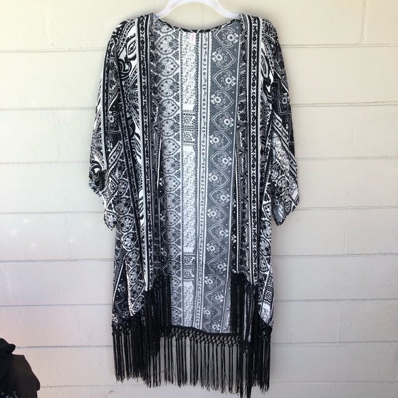 Xhilaration Tops - Black & White Fringe Trim Kimono Robe XL